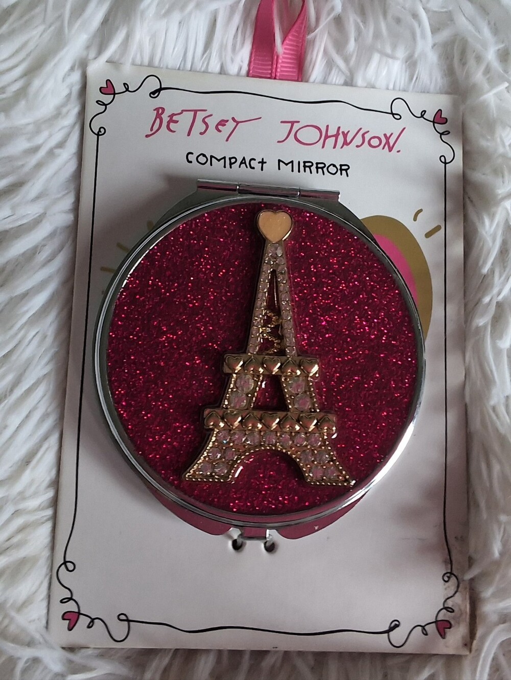 Betsey Johnson Pink Glitter Eiffel Tower Compact Mirror with Gold Accent